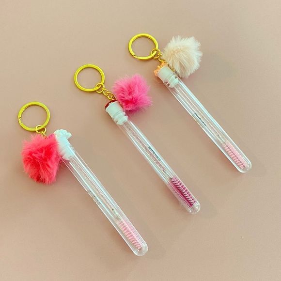 3pcs Tube Eyelash Brush/Spoolie with Furball & Gold Keychain | Mascara Wand - Picture 1 of 6